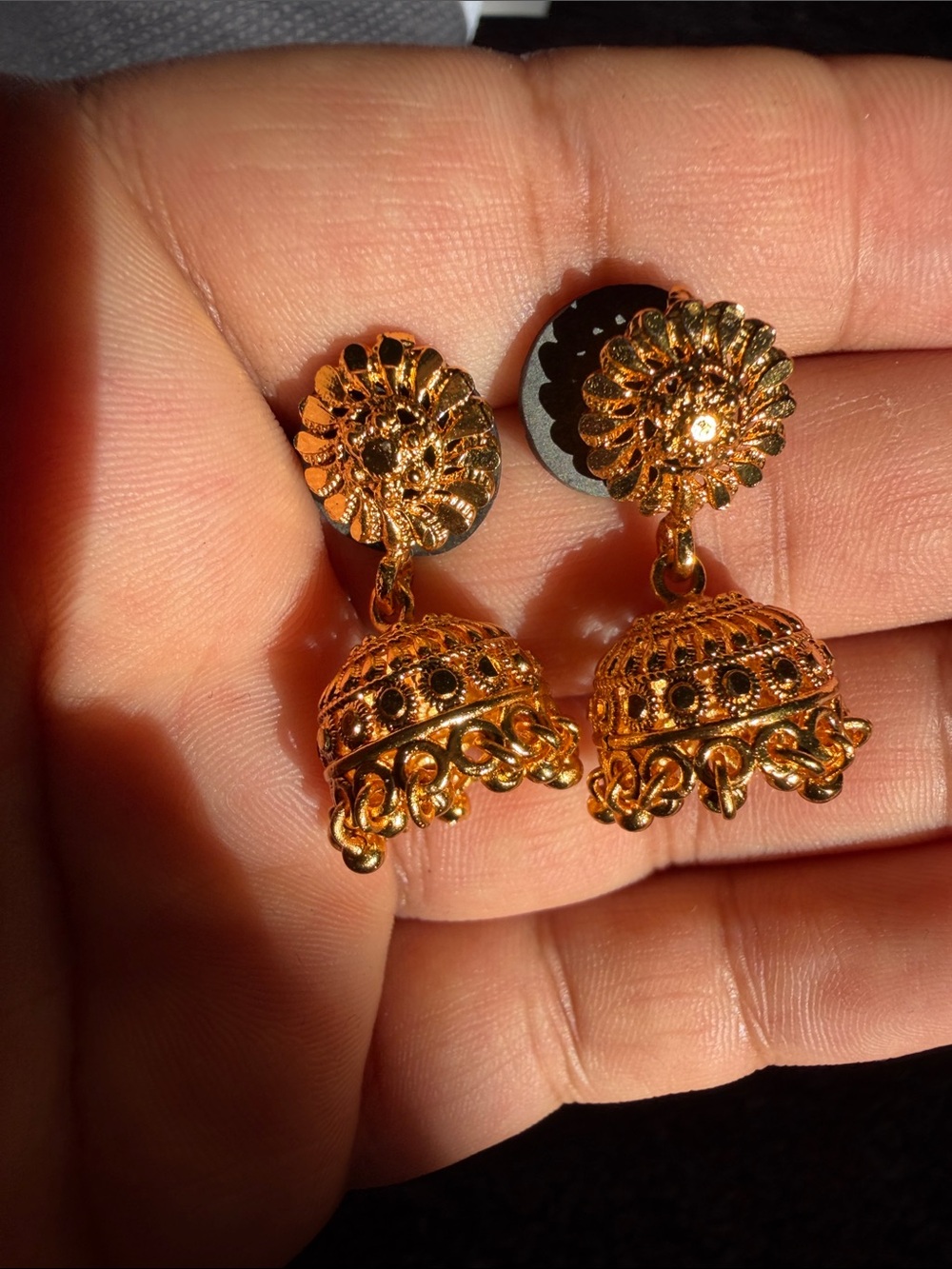 Gold Jhumka Dangle Earrings - Elegant Floral Dome Design